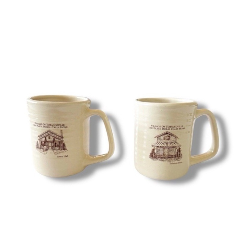 Vintage Village of Tobaccoville Doral Coffee Mugs Town Hall Tobacco Barn Set 2